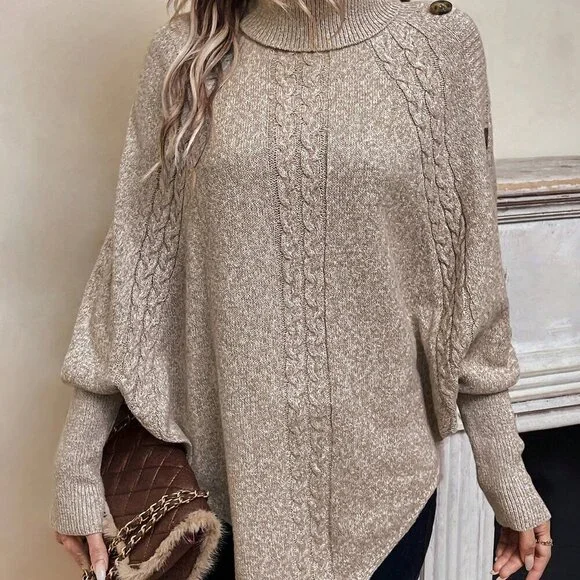 Khaki Casual Women's Turtleneck Batwing Sleeve Button Detail Poncho Sweater top
